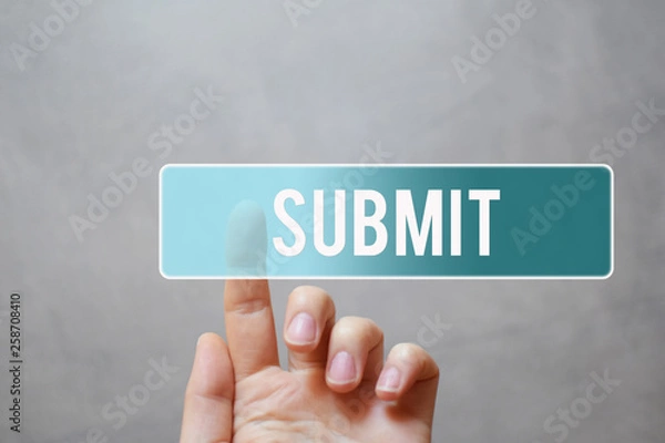 Obraz Submit - finger pressing blue transparent button on virtual touchscreen interface on gray background with copy space for text.
