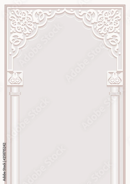 Fototapeta Stylized door in arabic architectural style arch with ornamental patterned stone relief and pillars of islamic mosque,greeting card for Ramadan Kareem