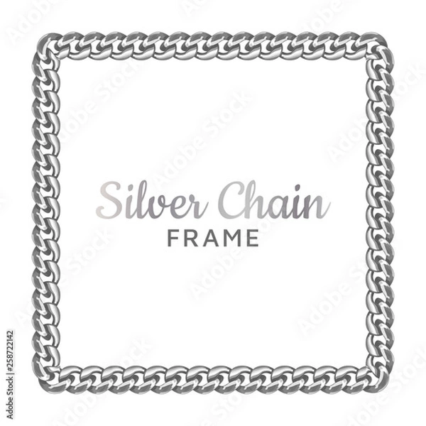 Fototapeta Silver chain square border frame. Rectangle wreath shape. Jewelry design, text frame. Realistic vector illustration isolated on a white background.