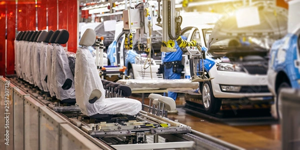 Fototapeta In a large factory, the car seat installation line is working.