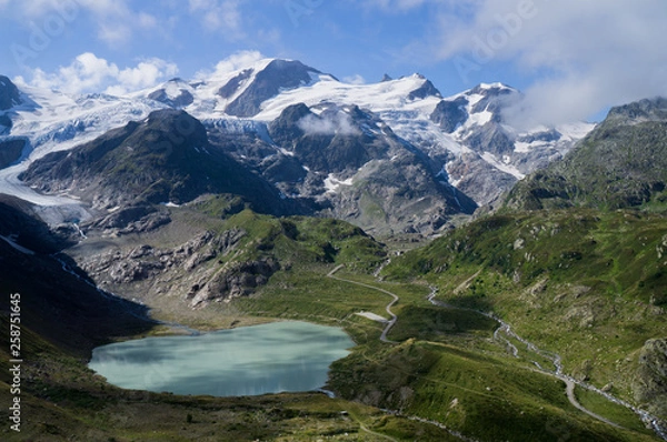 Obraz Glacier lake landscape in Switzerland with snowy mountains on background