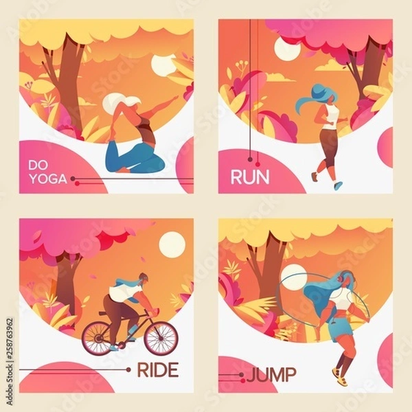 Obraz Vector square cards with young girls riding bycicle, doing youga, jumping with skipping rope and jogging. Vivid colors drawn with gradients and vivid greenery. Sport healthy lifestyle collection