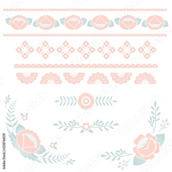 Fototapeta Stylized pattern, folk art, floral ornament in pink and blue colors. Symmetrical pattern vector background