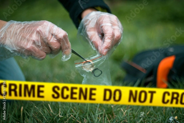 Fototapeta Crime scene expert collecting evidence at the murder location. Law and police concept. Selective focus