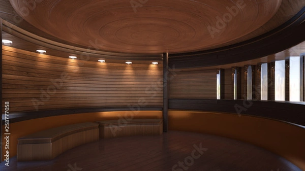 Obraz trójwymiarowe kolorowe tło dla renderowania 3D drewnianego studia telewizyjnego