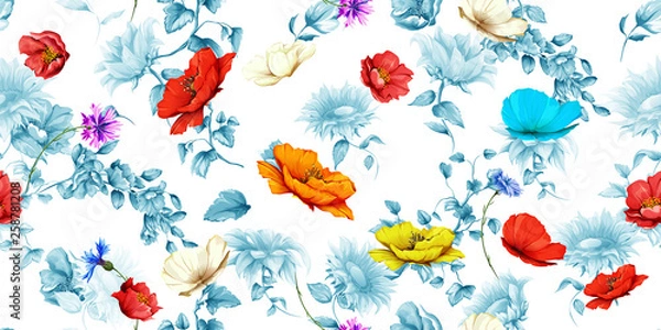 Fototapeta Tender wide vintage seamless background pattern. Poppy with cornflower, pomegranate and leaf. Abstract, hand drawn, vector - stock. 