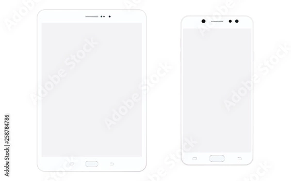 Fototapeta White tablet and smartphone with grey screen, isolated. Tablet and smartphone white set vector, isolated