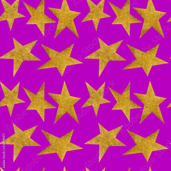 Fototapeta Seamless pattern with golden metallic stars on lilac background.