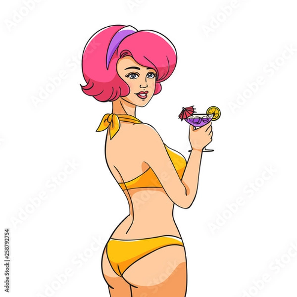 Obraz Pop Art girl. A young woman in a bathing suit holds a cocktail in her hand. A woman stands with her back half-sided.