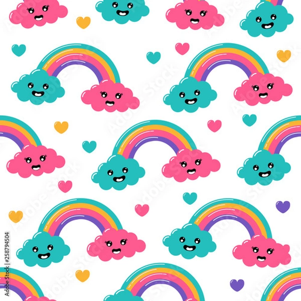 Fototapeta kawaii Pastel Cuts weather rainbow clouds cartoon with Funny Faces Seamless pattern on White Background. Vector illustration.