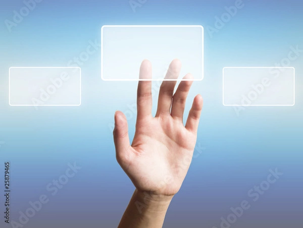 Fototapeta The hand presses the button