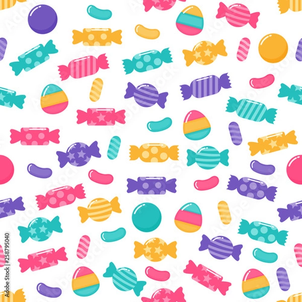 Fototapeta kawaii Cute Pastel Candy sweet desserts Seamless pattern with different types on White Background for cafe or restaurant. illustration Vector.