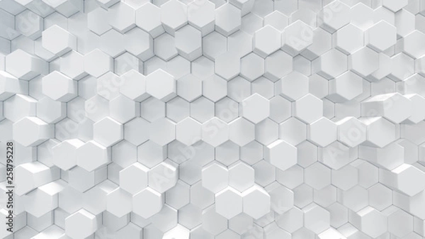 Fototapeta 3D illustration white geometric hexagon abstract background. Surface hexagon pattern, hexagonal honeycomb.