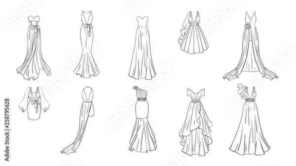 Obraz A set of different dresses. Modern and classic style. Dresses for prom, gala evening, wedding, masquerade, points. 