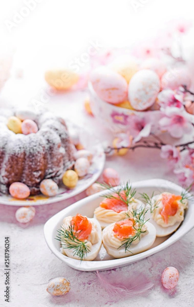 Obraz Easter breakfast.Cake and eggs with salmon