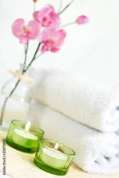 Fototapeta Composition of Pink orchid, towel and two candles