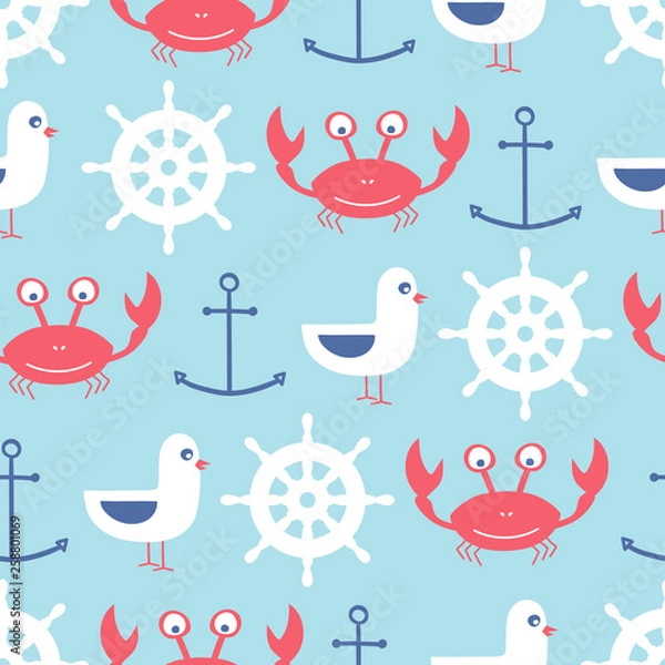 Obraz vector seamless pattern with crab, anchor, seagull, helm