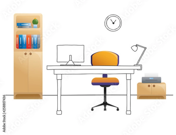 Fototapeta Office chair, desk, various objects on the table. Workspace in flat style. Vector