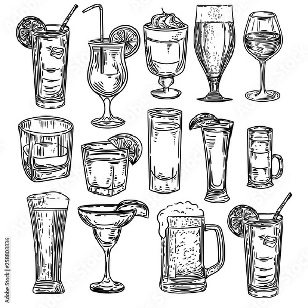 Fototapeta Vector hand drawn of big set with alcohol drinks.