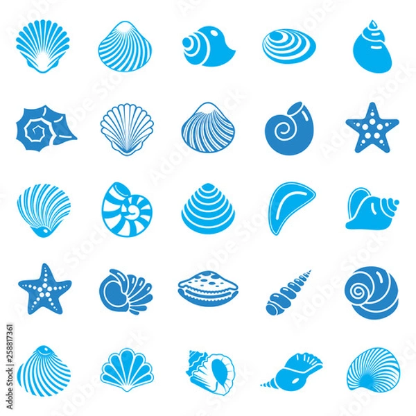 Obraz Sea Shell icons set blue on white background for graphic and web design. Simple vector sign. Internet concept symbol for website button or mobile app.