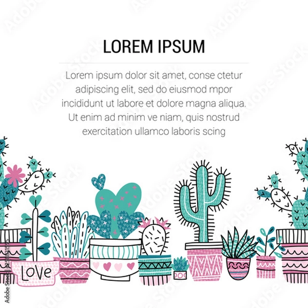 Fototapeta Doodle cactuses and succulents endless border