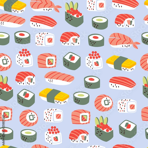 Fototapeta Sushi and Rolls Seamless Pattern. Japanese Food Background.