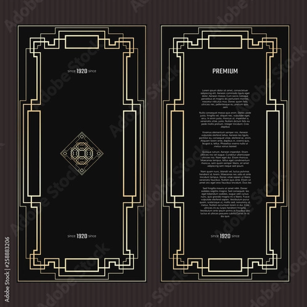 Fototapeta Vector geometric frame in Art Deco style. Rectangle abstract element for design. Black and golden lined shape. Sandblasting ornament.