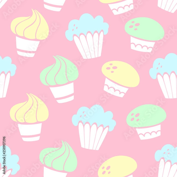 Obraz Vector seamless pattern with cakes, cupcakes, muffins in Doodle style, hand drawn style. Pastel color.