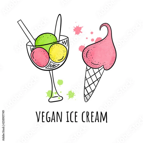 Obraz Vector illustration with vegan ice cream. The style of line and watercolour. Ice cream in balls and a horn.