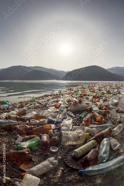 Fototapeta Spring flood and shore with garbage