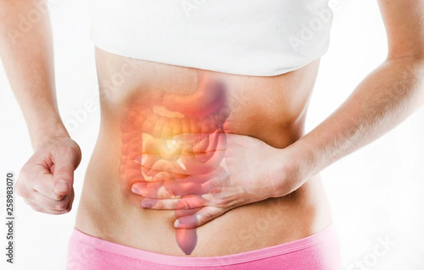 Fototapeta Working man touching stomach, suffering painful of stomachache, gastrointestinal system desease during working cause of stress from work, Health insurance care concept