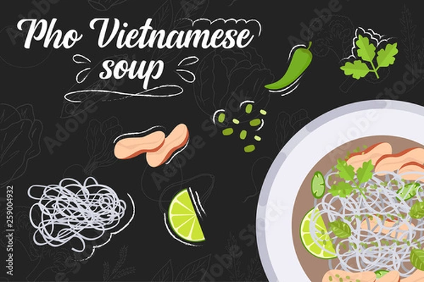 Fototapeta Soup recipe. Food in flat style. Flat style illustration. Vector illustration.