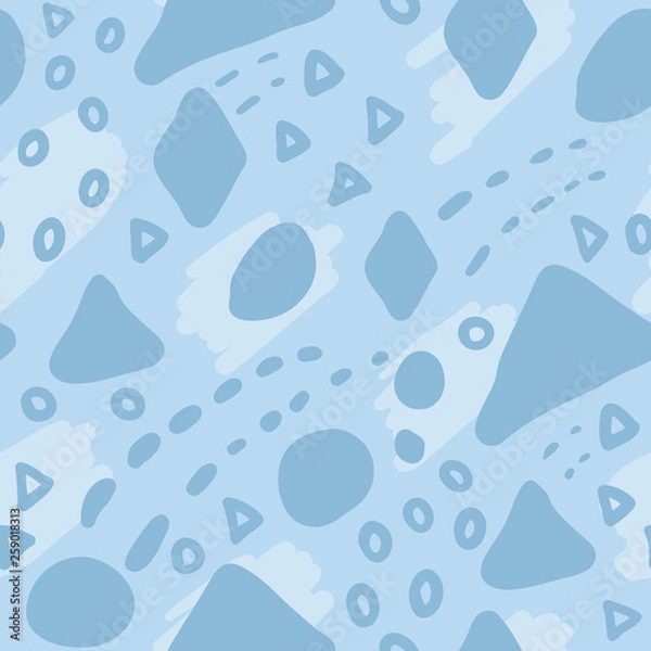 Fototapeta Blue vector doodle geometric shapes art seamless pattern background. Memphis style design for fabric, wallpaper, bedding, packaging, wrapping paper, scrapbooking projects.