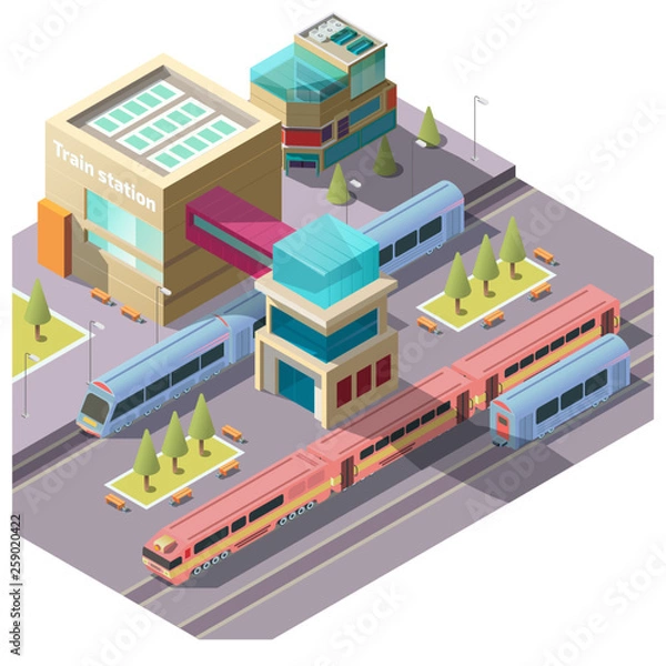 Fototapeta Train station building isometric vector with modern passenger locomotives and wagons moving near railway platform and terminal 3d illustration. Public transport infrastructure design element