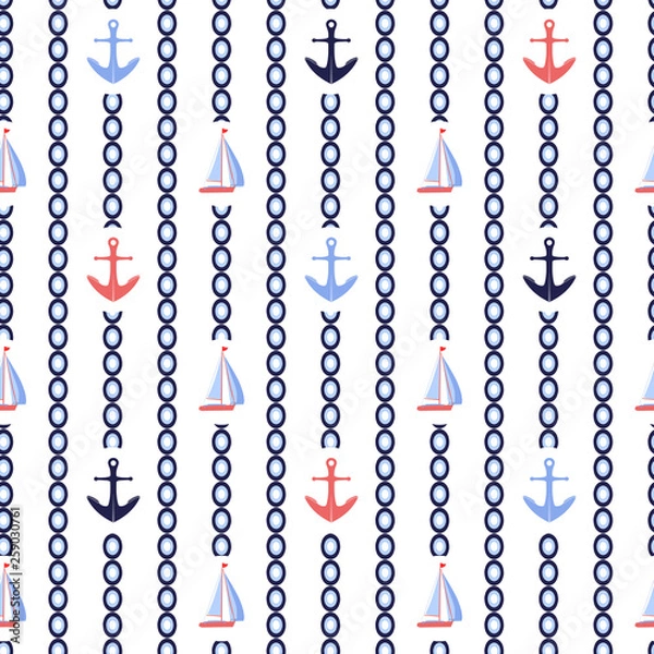 Obraz Anchors and sailboats nautical vector seamless pattern background. Marine design in blue, coral, white, and navy blue colors for coastal style projects, fabric, packaging.