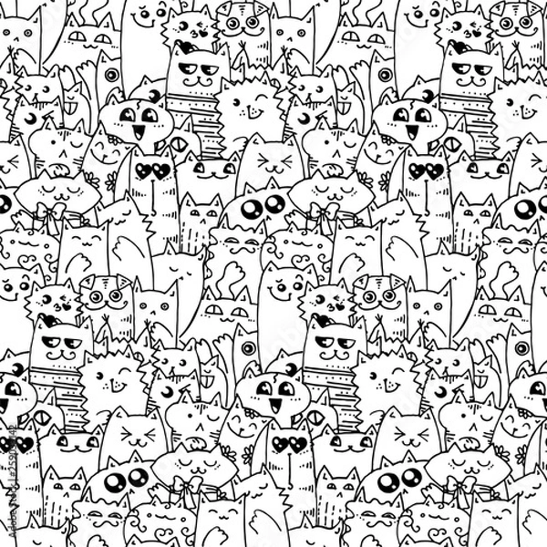Fototapeta Cute doodle cats seamless pattern. Great for coloring book, wrapping, printing, fabric and textile