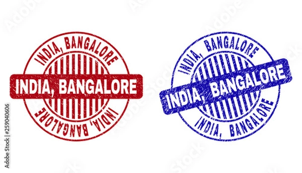 Obraz Grunge INDIA, BANGALORE round stamp seals isolated on a white background. Round seals with grunge texture in red and blue colors. Vector rubber imitation of INDIA,
