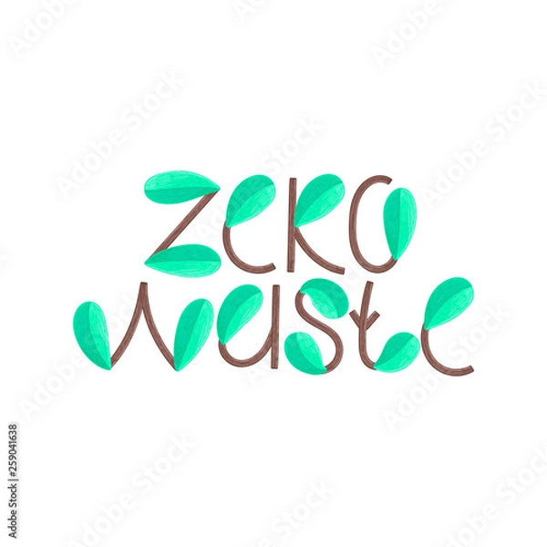Fototapeta Zero waste. Lettering. Letters consisting of branches and green leaves. Decorative textured elements. Typography. It can be used for heading, packaging, cover, print on clothes. Vector, eps10