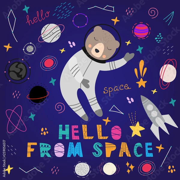 Fototapeta Cute bear in space vector print, spaceships, planets and stars. Hand drawn vector illustration. Design for  cards, posters, cards, t-shirts, book, textile.