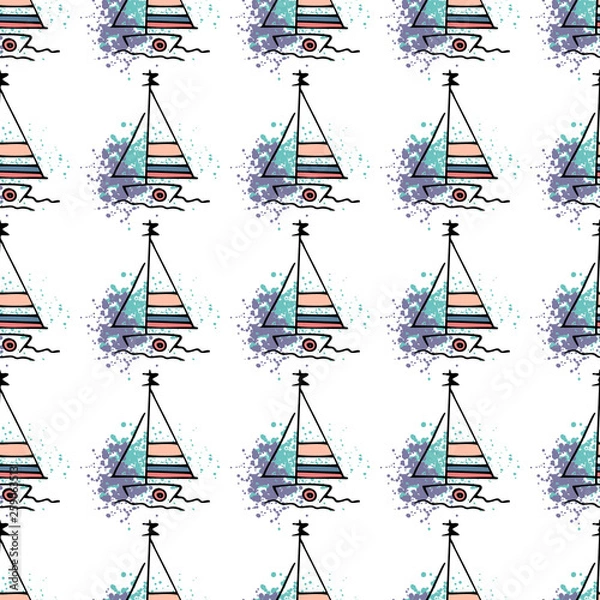 Fototapeta Nautical pattern yachts silhouette on wave.
