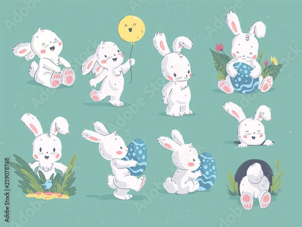 Fototapeta Vector collection of hand drawn cute little rabbit character with air balloon, hole, easter egg, floral decorative element on green backdrop. For Happy Easter congratulation, holiday card, tag, print.