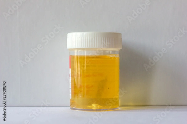 Fototapeta urine sample collected in a plastic container for urine culture and protein test isolated on a white background.  