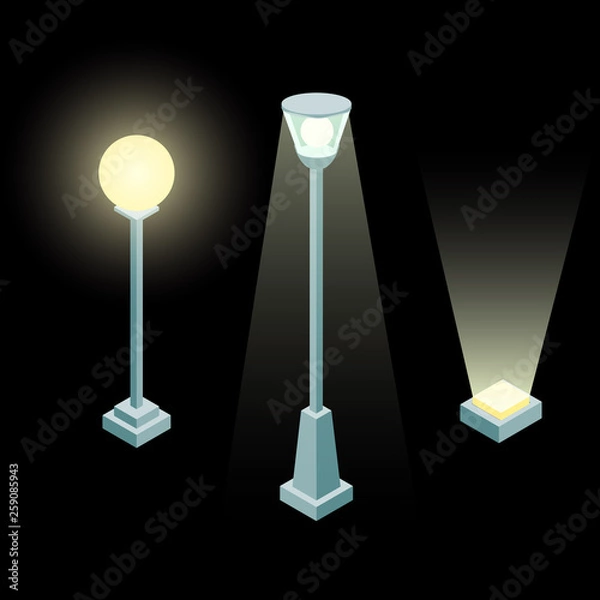 Fototapeta Set of street light isometric 3d vector in flat style isolated on black background.