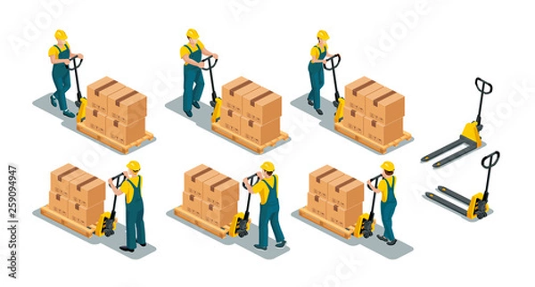 Fototapeta Men and women workers wearing working overalls and work safety helmet with manual pallet jack. Back and front view. 3d effect set. Isometric vector illustration isolated on white background.