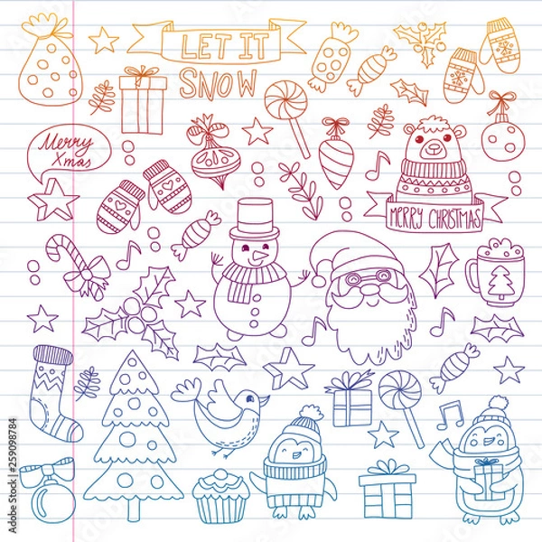 Fototapeta Christmas element in doodle kids drawing style. Vector pattern.