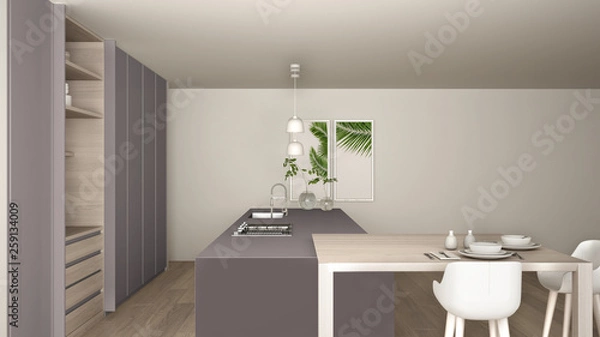Fototapeta White and purple minimalist kitchen in eco friendly apartment, island, table, stools and open cabinet with accessories, window, bamboo, hydroponic vases, parquet , interior design idea