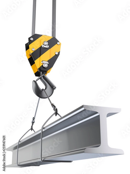 Obraz Crane hook hanging on a steel ropes with steel I-beam.