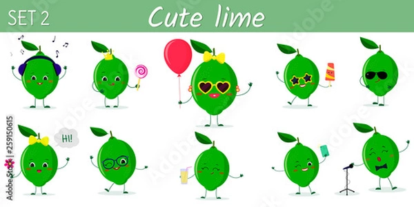 Obraz Set of ten cute kawaii lime characters in various poses and accessories in cartoon style. Logo, template, design. Vector illustration, flat design
