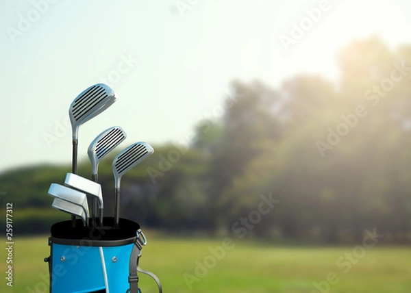 Fototapeta Golf clubs in a bag and inviting scenery of golf course with copy space for text , 3D illustration