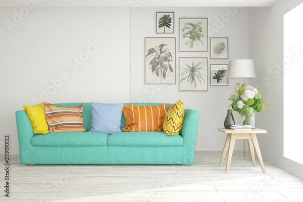 Fototapeta White stylish minimalist room with colorful sofa. Scandinavian interior design. 3D illustration